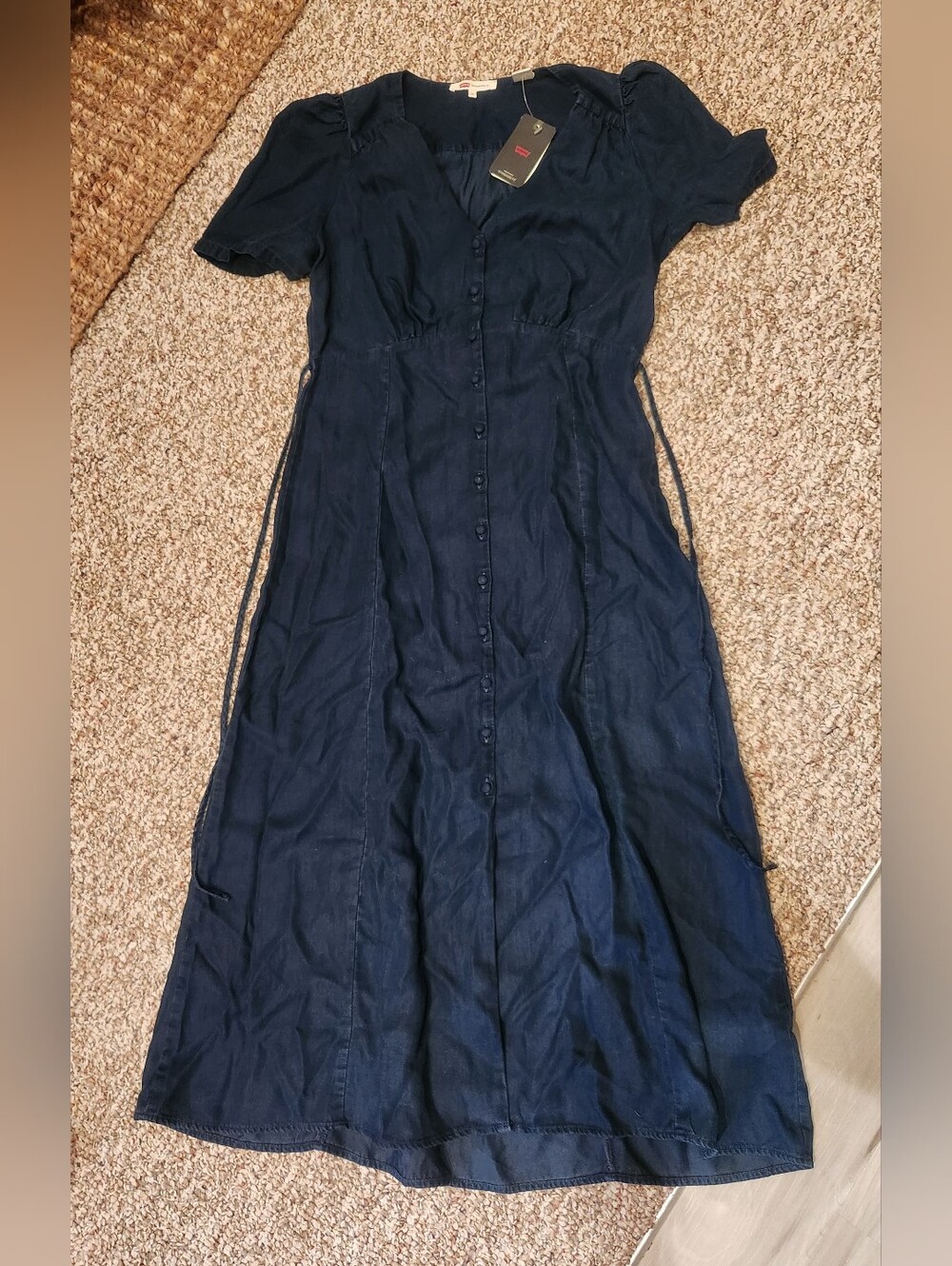 Levi's Navy Button-Front Midi Dress with Puff Sleeves